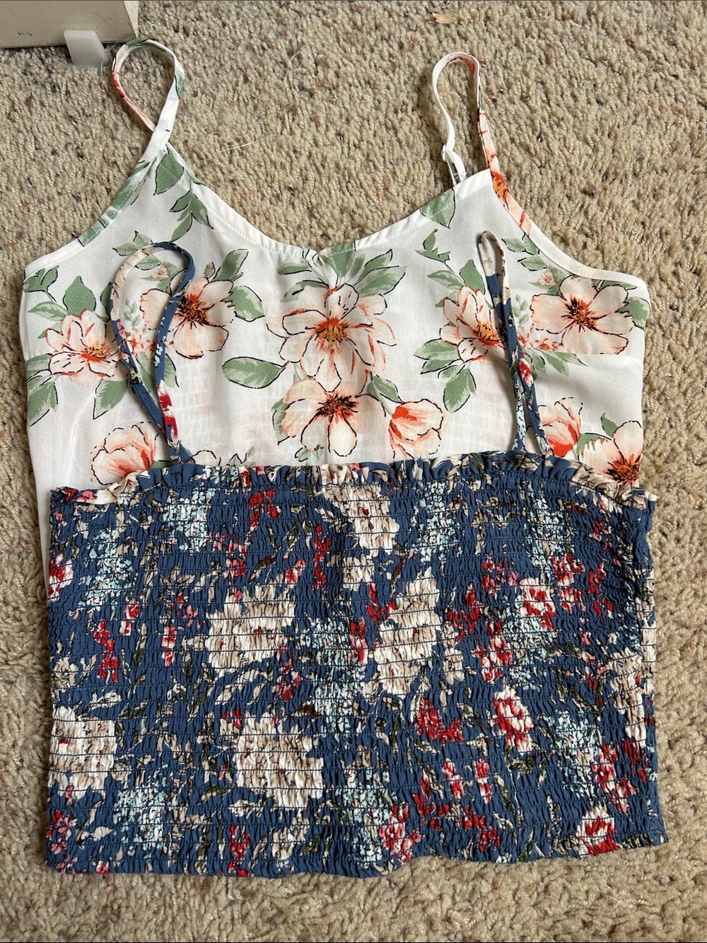 Floral Two-Tone Smocked Cami Top - White & Blue